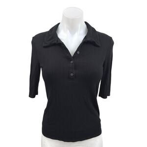 MNG Mango Women's Black Rib Knit Collared Button Half Sleeve Polo Sweater Top S